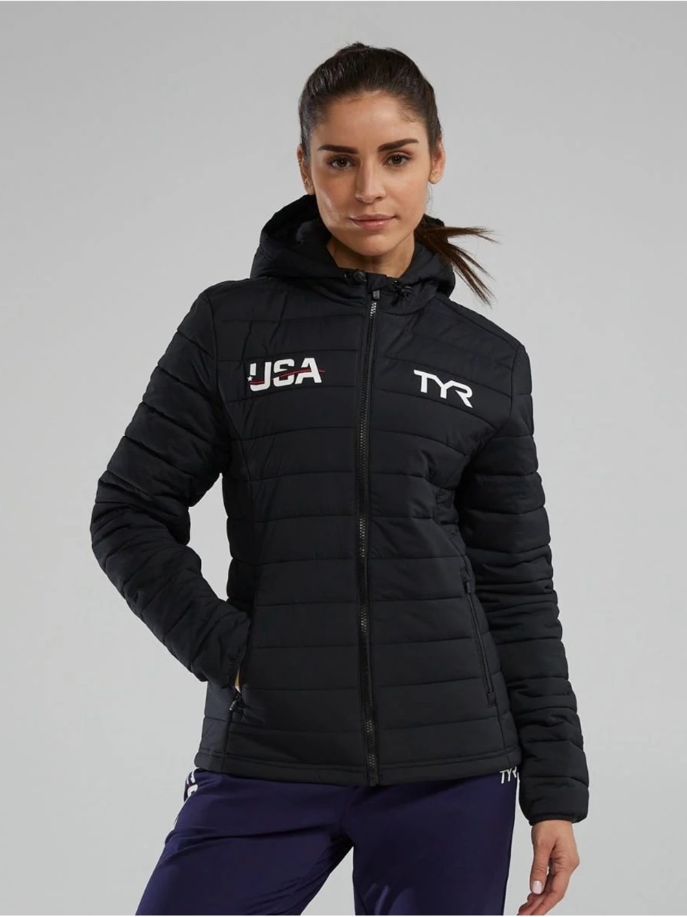 NWOT TYR Women's Black Hooded Puffer Jacket with USA Logo